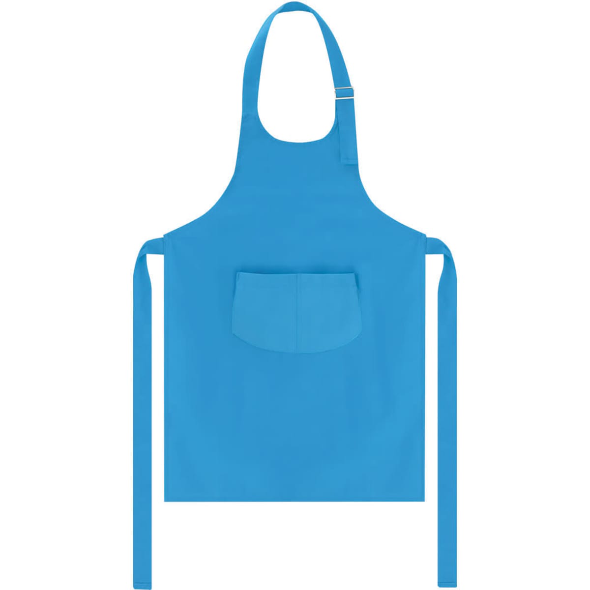 A bright blue apron featuring a front pocket and adjustable neck straps. The apron has a simple, solid design.