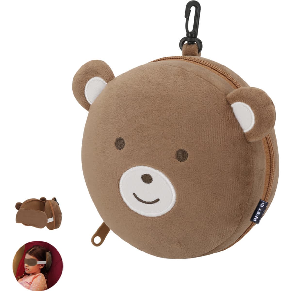 A bear-shaped travel pillow and eye mask set, featuring a soft brown exterior and a cute face design. Includes a hook.