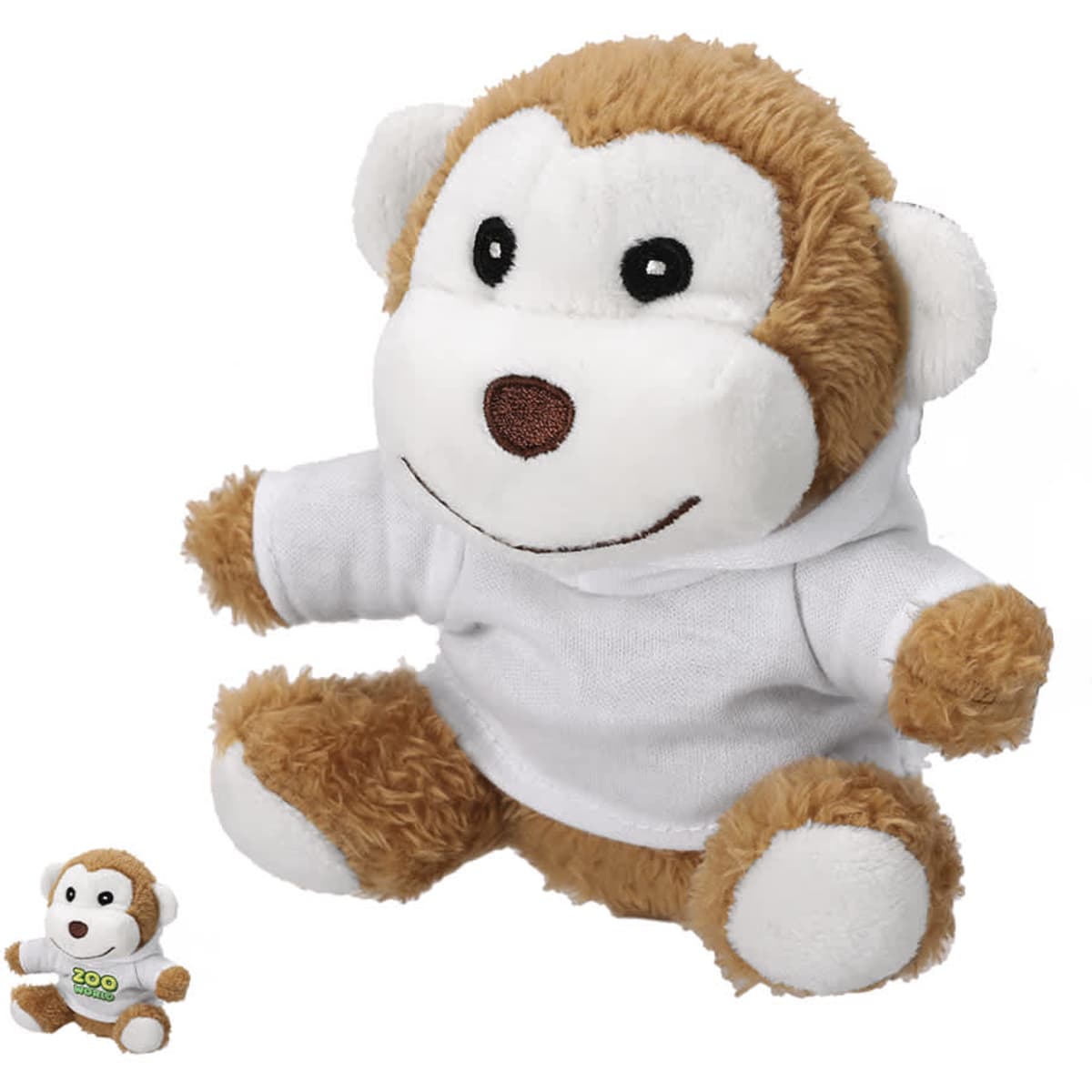 A plush toy monkey in brown and white, wearing a white hoodie, alongside a smaller version of the same toy.