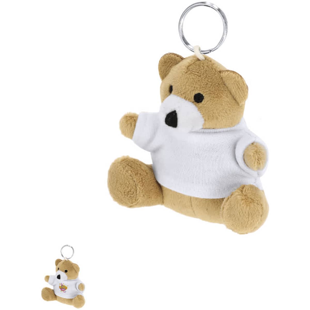A plush teddy bear keyring in light brown, wearing a white shirt, attached to a metal keyring.