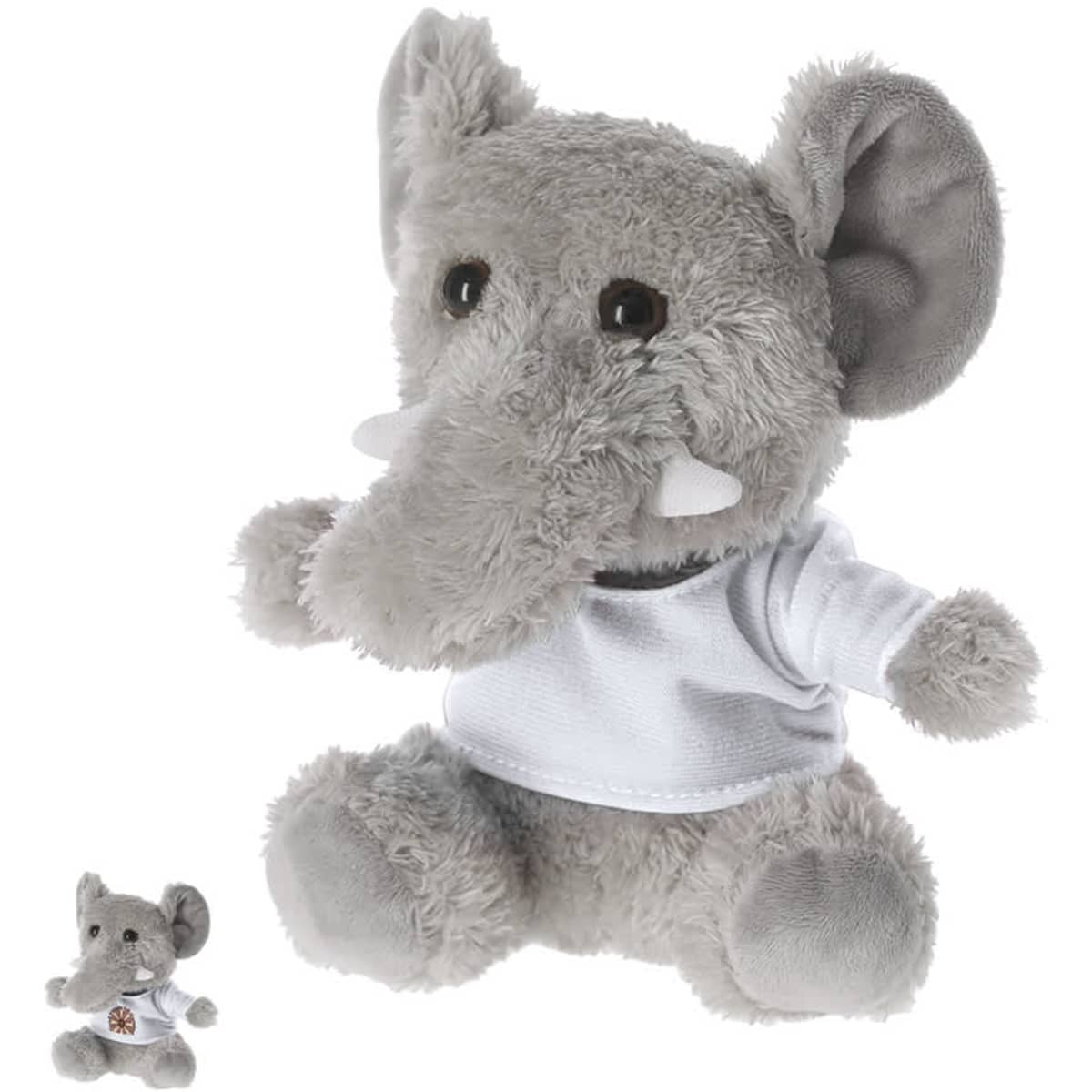 A plush elephant toy in grey with a white shirt, along with a smaller version of the same toy. It has a branding logo.