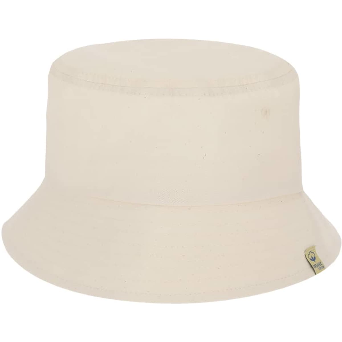 A cream-coloured bucket hat with a wide brim and a small logo on the side.