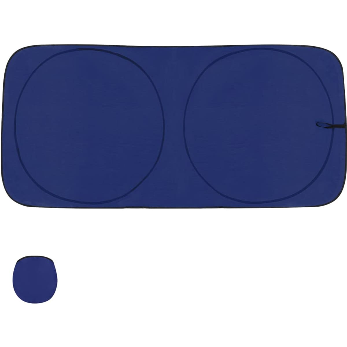 A blue sunshade featuring two circular openings and a compact design for easy storage. It includes a branding logo.