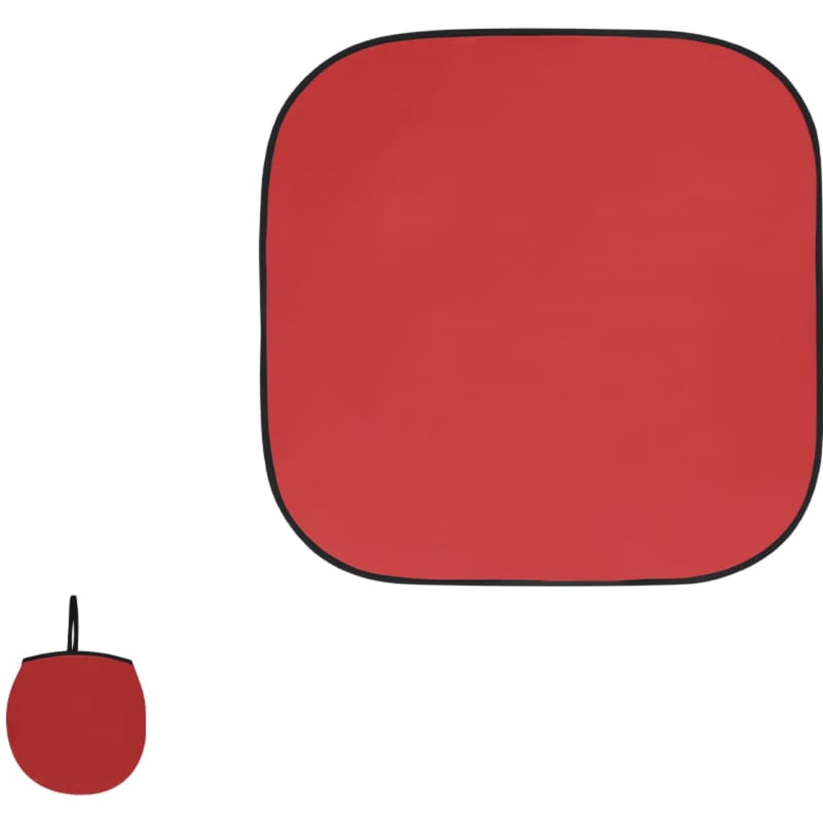 A red sunshade with a round carry pouch, featuring a black trim.