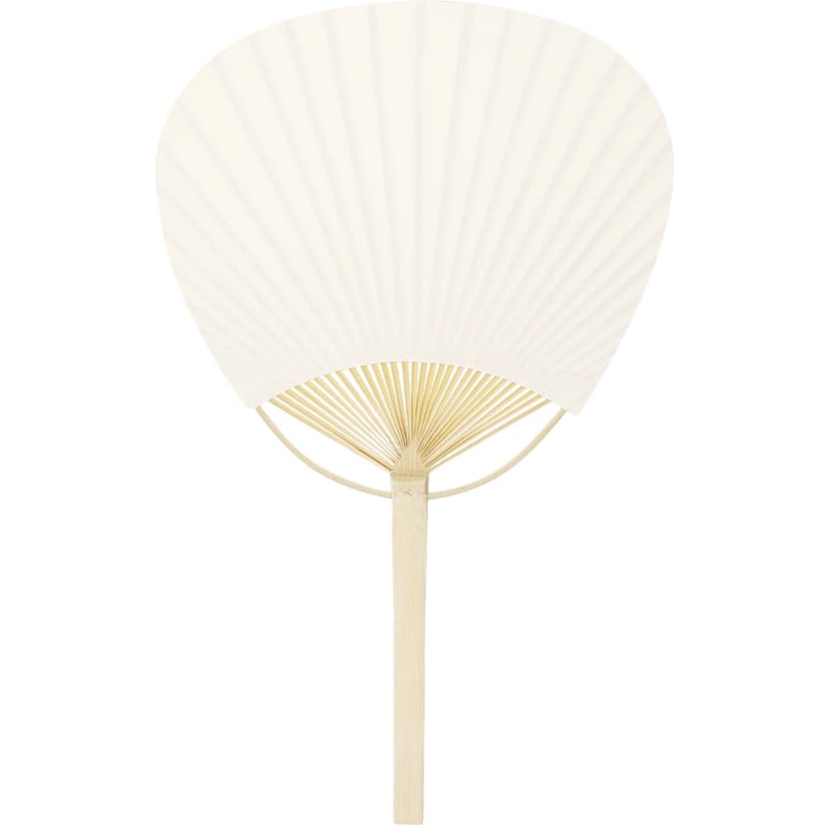 A folding fan with a cream-coloured fabric surface and a bamboo handle, featuring a fluted design.