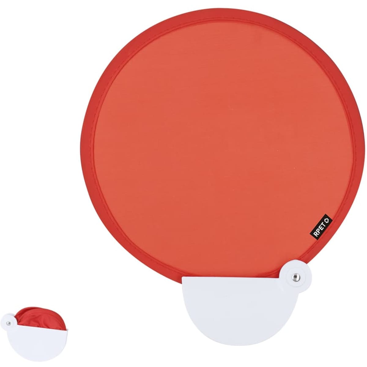 A red round frisbee with a white compartment at the bottom for storage. It features a simple logo.