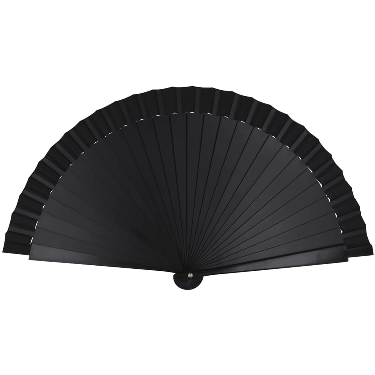 A black handheld fan with a pleated design and circular base, featuring a logo.