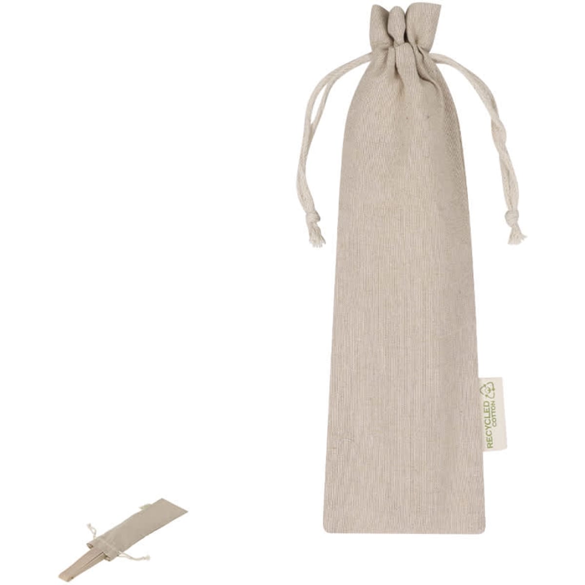 A beige drawstring bag with a rounded bottom and a tied top, featuring a small tag.