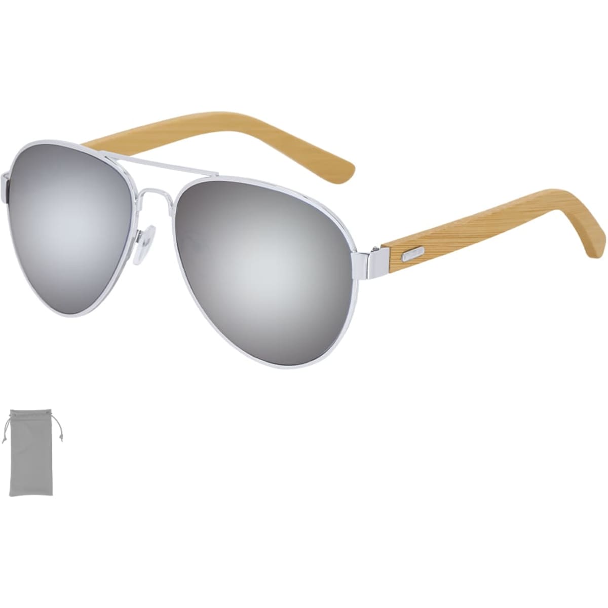 Sunglasses with silver lenses and wooden arms, accompanied by a grey storage pouch.