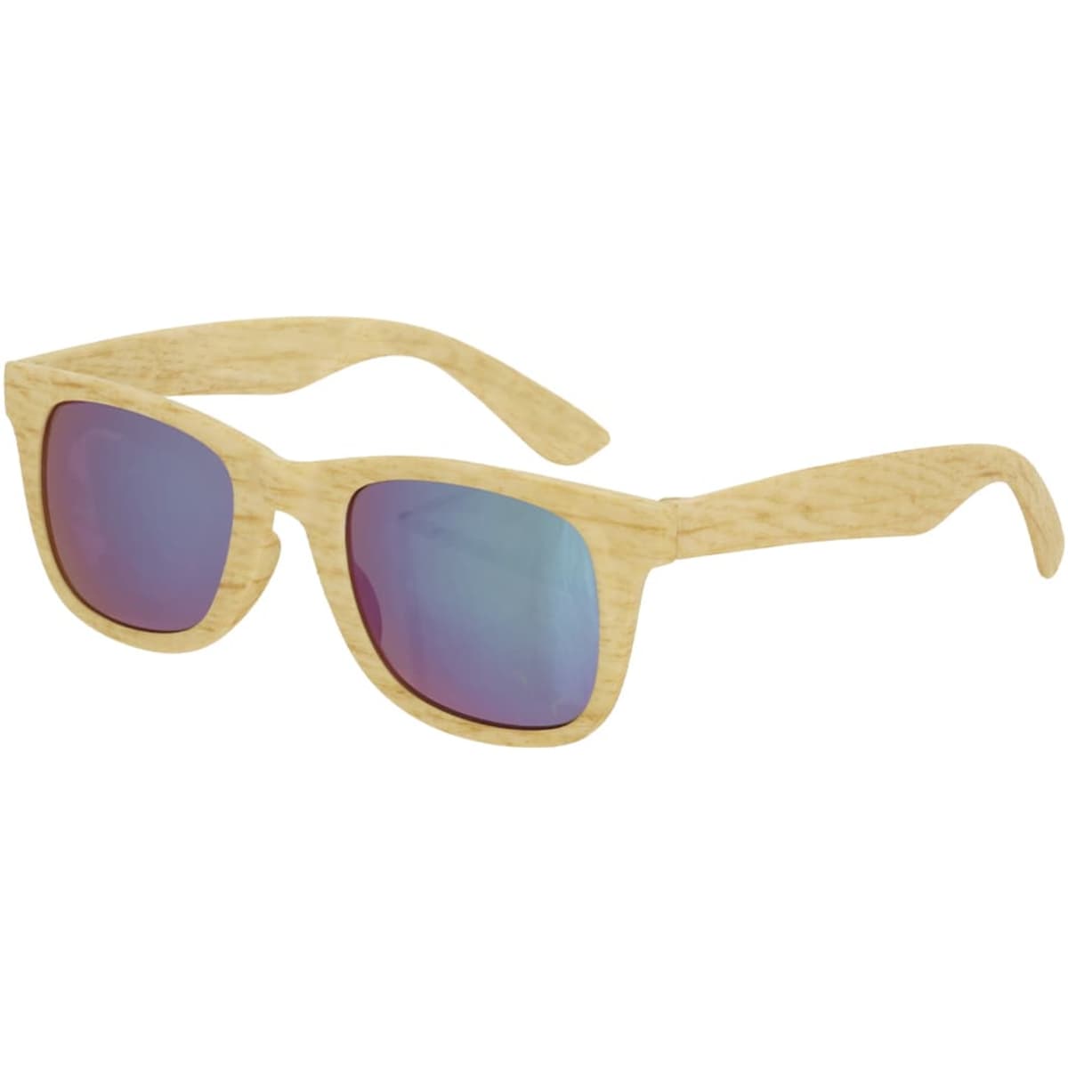 A pair of wooden sunglasses with mirrored lenses in shades of blue and purple. Features a logo on the frame.