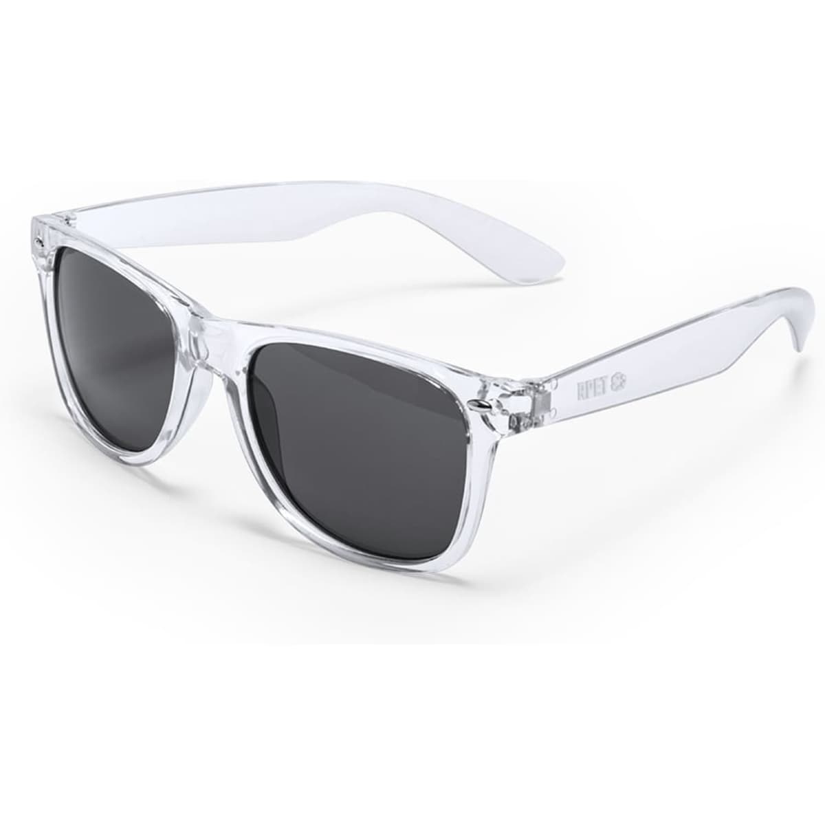 A pair of clear sunglasses with dark lenses and a transparent frame, featuring a brand logo.