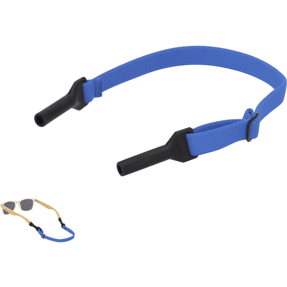 A blue sunglasses strap featuring adjustable ends, designed for securing eyewear.
