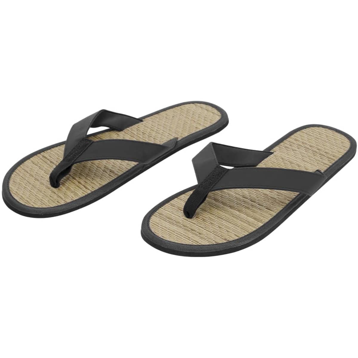 Black thongs with a textured tan footbed and a simple design. The footwear features a logo on one side.