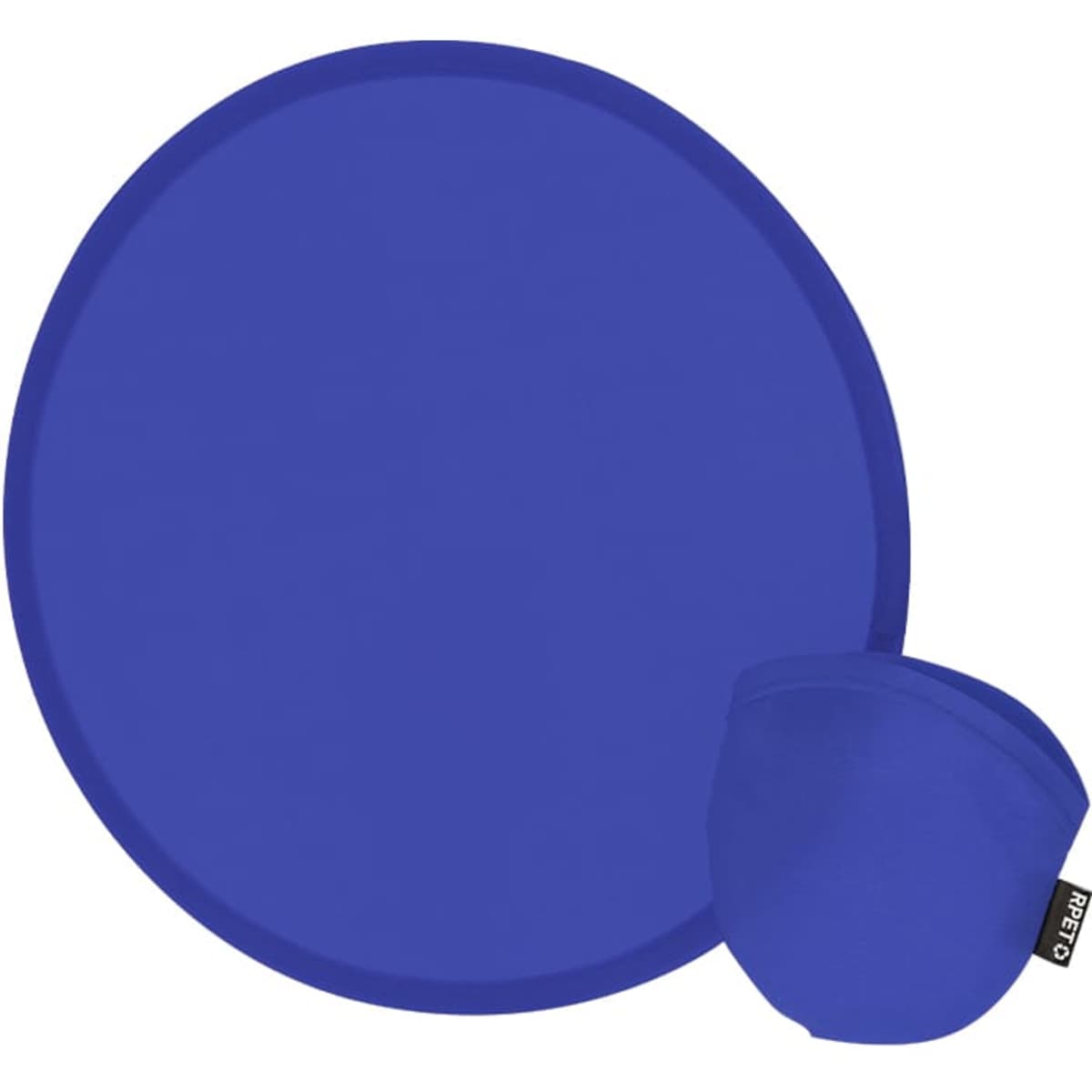 A blue frisbee and a matching storage pouch are displayed together. The frisbee is round and lightweight.
