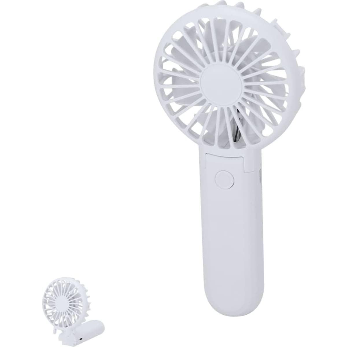 A portable white fan with a circular design and a handle, featuring a small logo on the side.