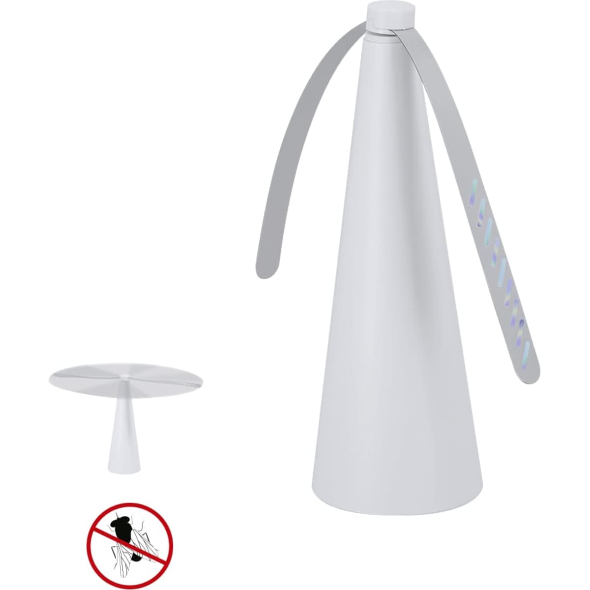 A white fly repellent fan with a cone shape and three curved blades, designed for outdoor use.