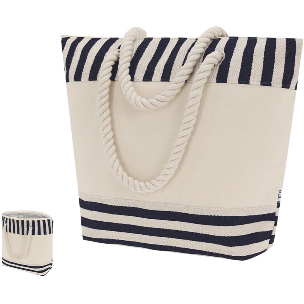 A striped insulated bag in cream and navy, featuring sturdy rope handles and a compact version alongside it.