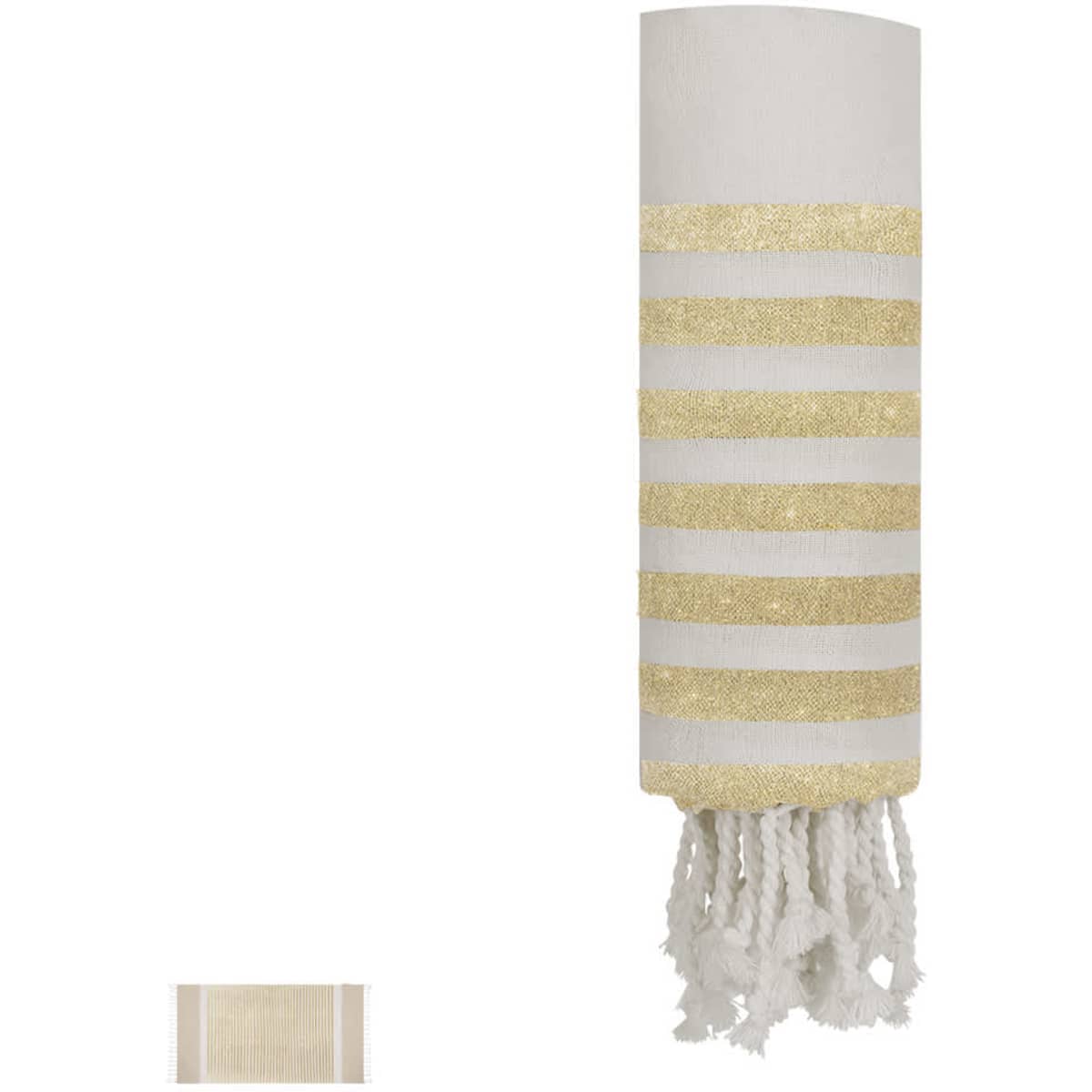 A bath towel featuring white and gold stripes with tassel detailing. The towel has a logo visible on it.