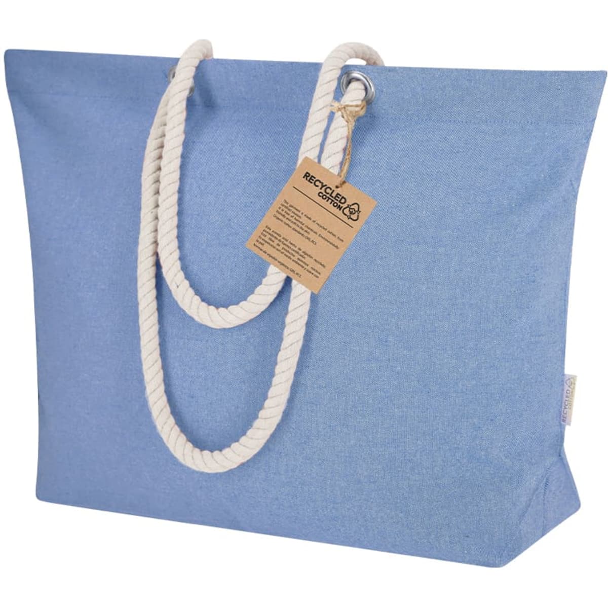 A blue tote bag with white rope handles and a tag, featuring a textured fabric design.