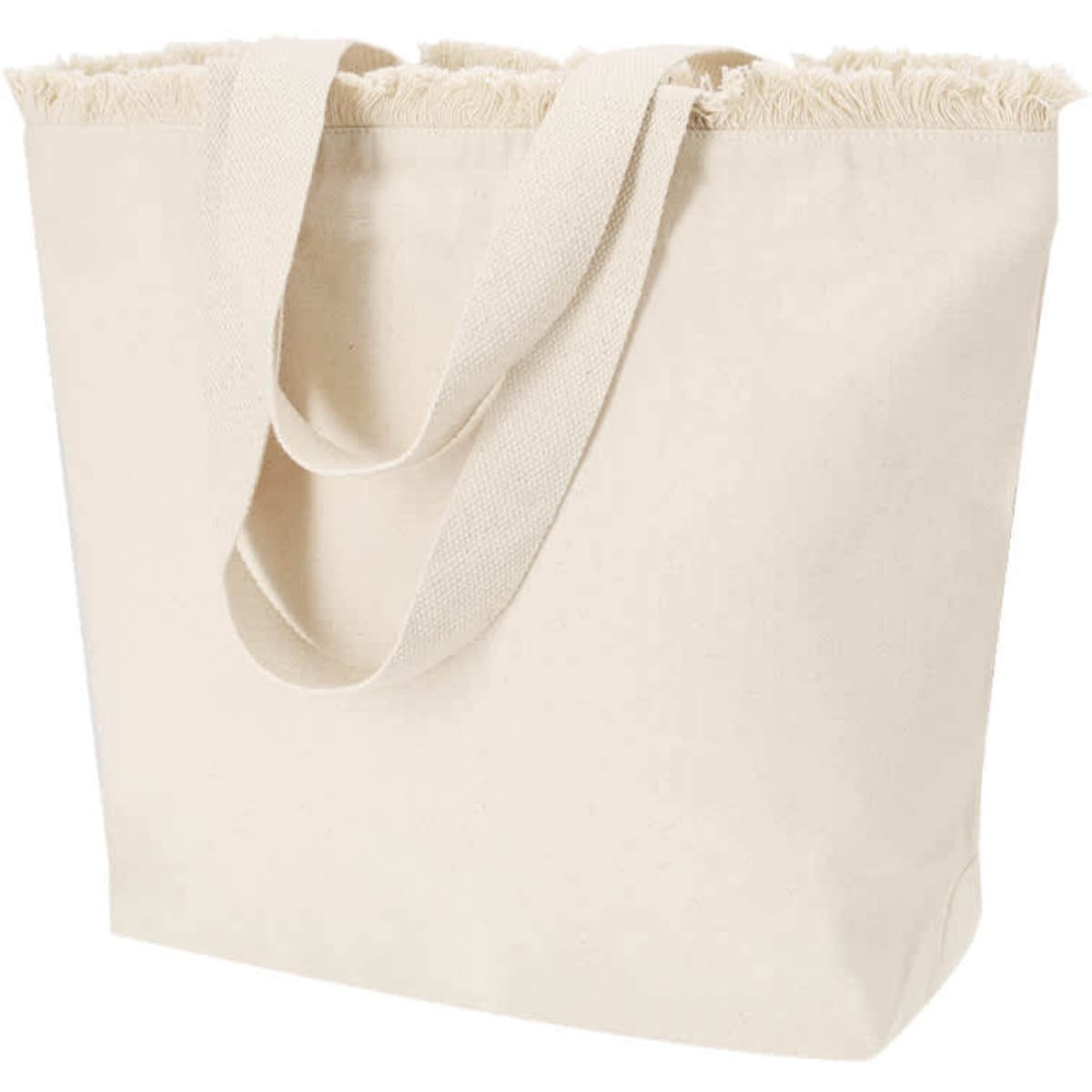 A cream tote bag with frayed edges and dual handles. It features a simple, unbranded design.