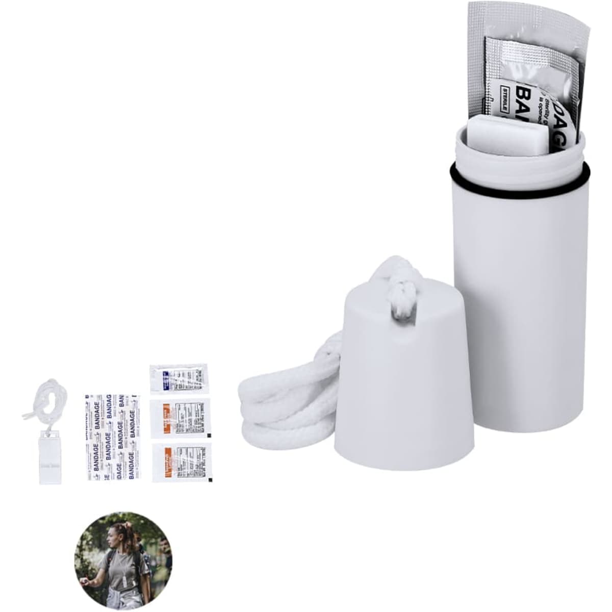 A white drink bottle with a removable cap and a storage compartment for packets inside. It includes a rope for carrying.