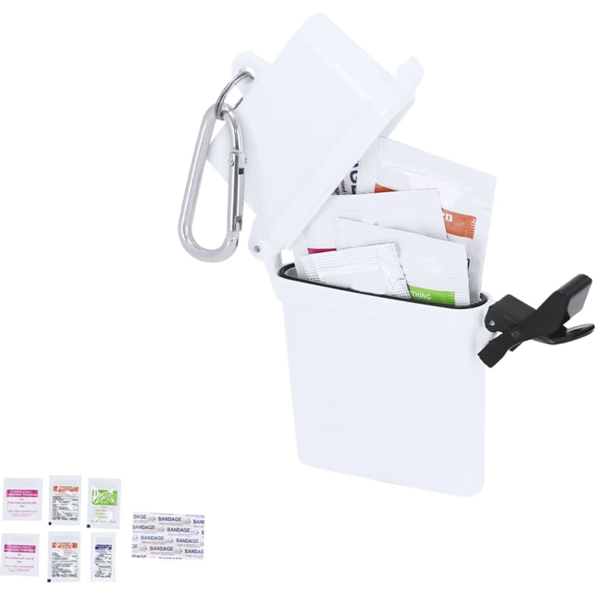 A white container with a hinged lid and a clip, holding assorted packets inside. Includes a carabiner for attachment.