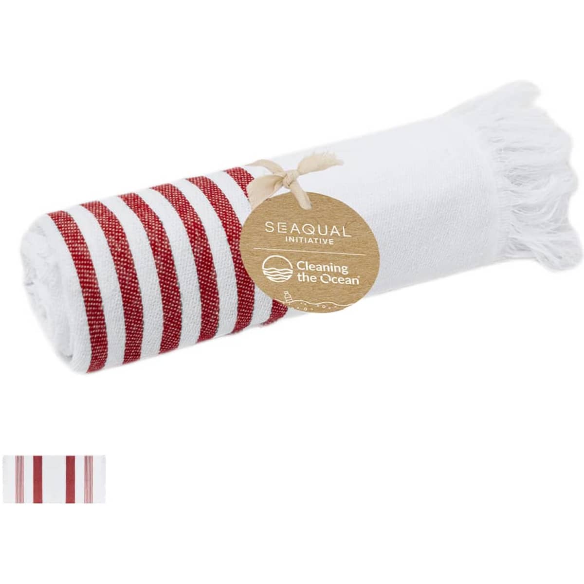 A rolled towel with red and white stripes, featuring fringed edges and a card tag.