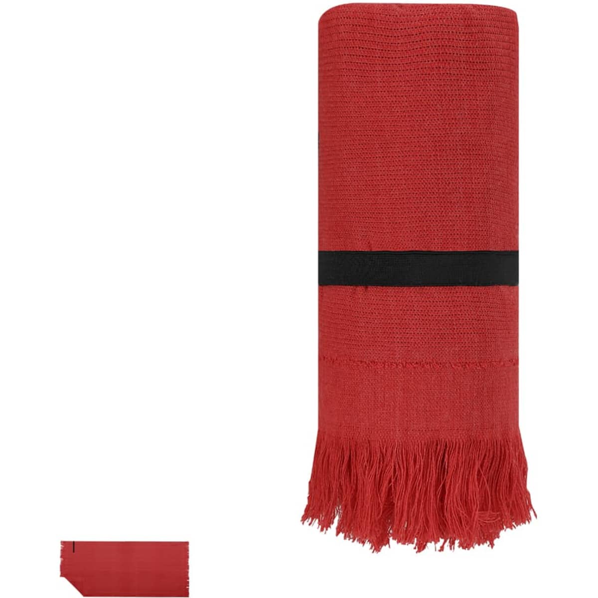 A red Brisly towel with fringed edges, rolled and secured with a black band. It features a logo.