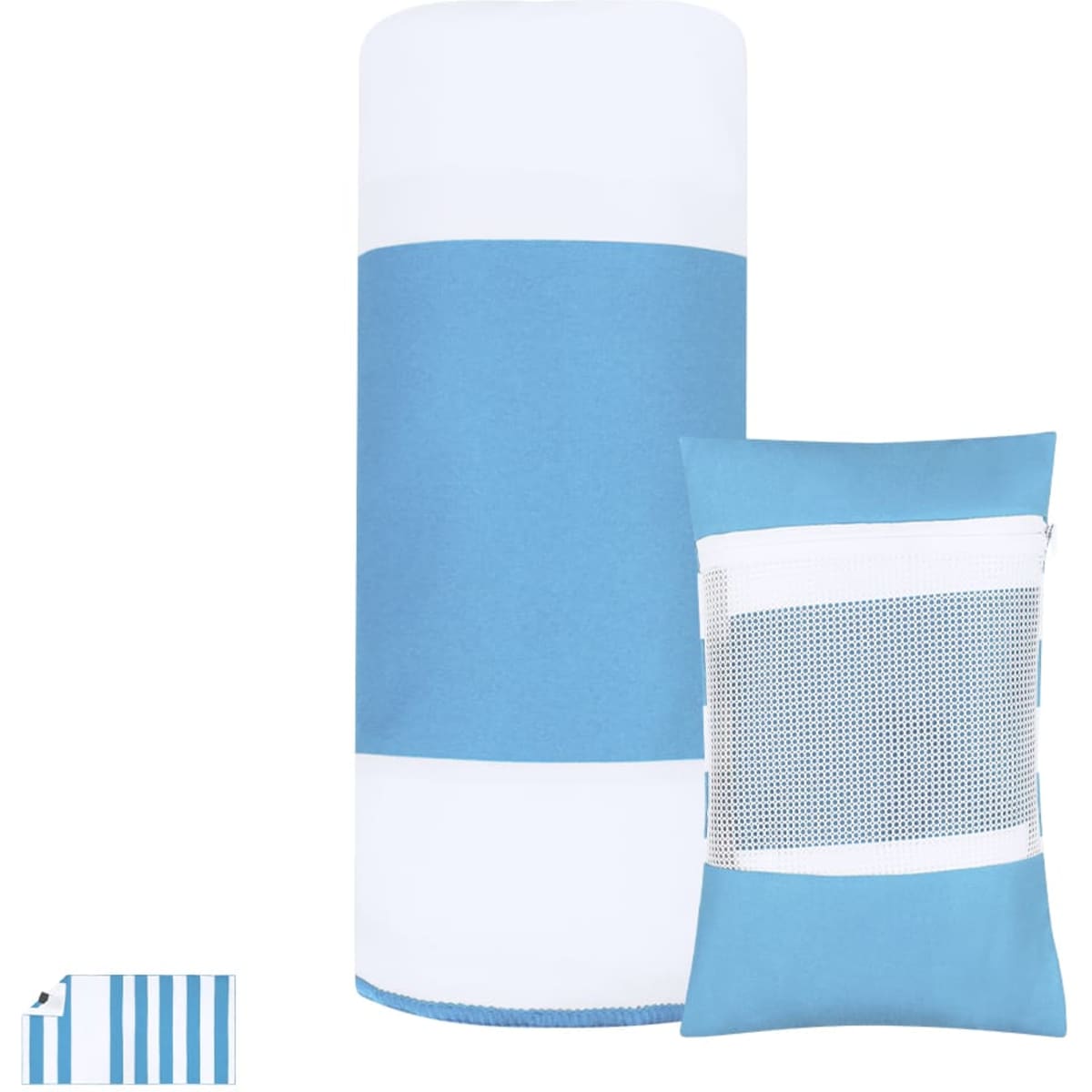 A blue and white striped gym towel set featuring a large towel and a smaller zippered pouch.