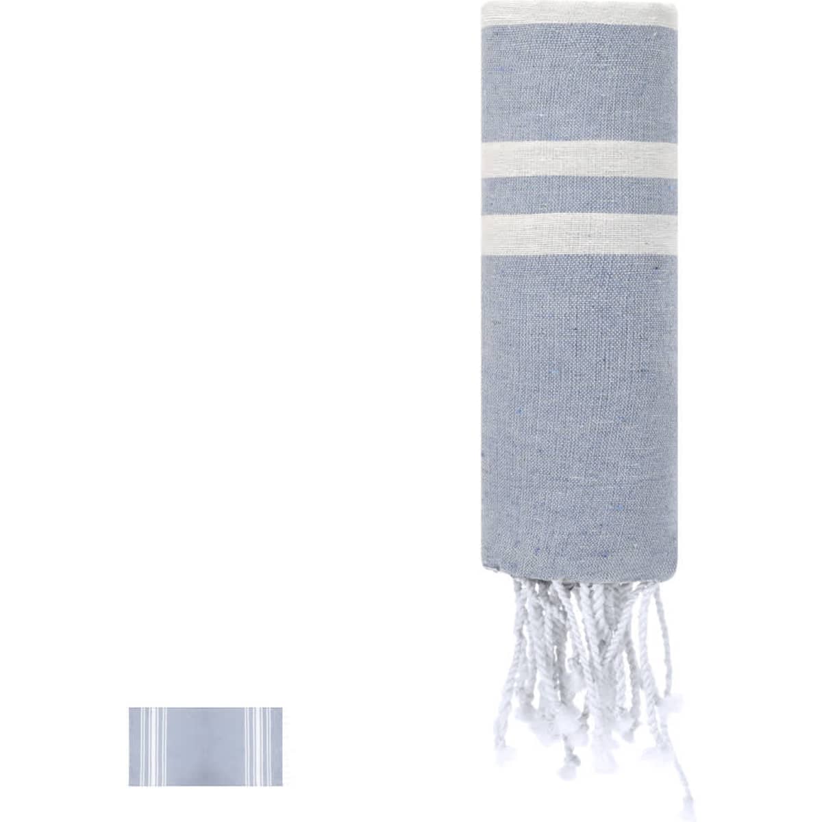 A cooling towel in light blue with white stripes and fringed ends, featuring a branding logo.