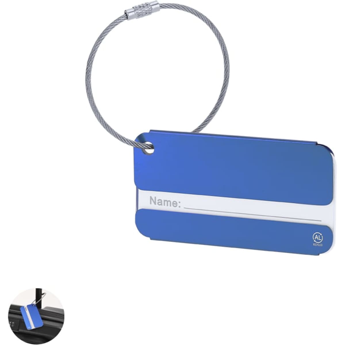 A blue luggage tag with a silver attachment and a designated space for a name. It features a logo on one side.