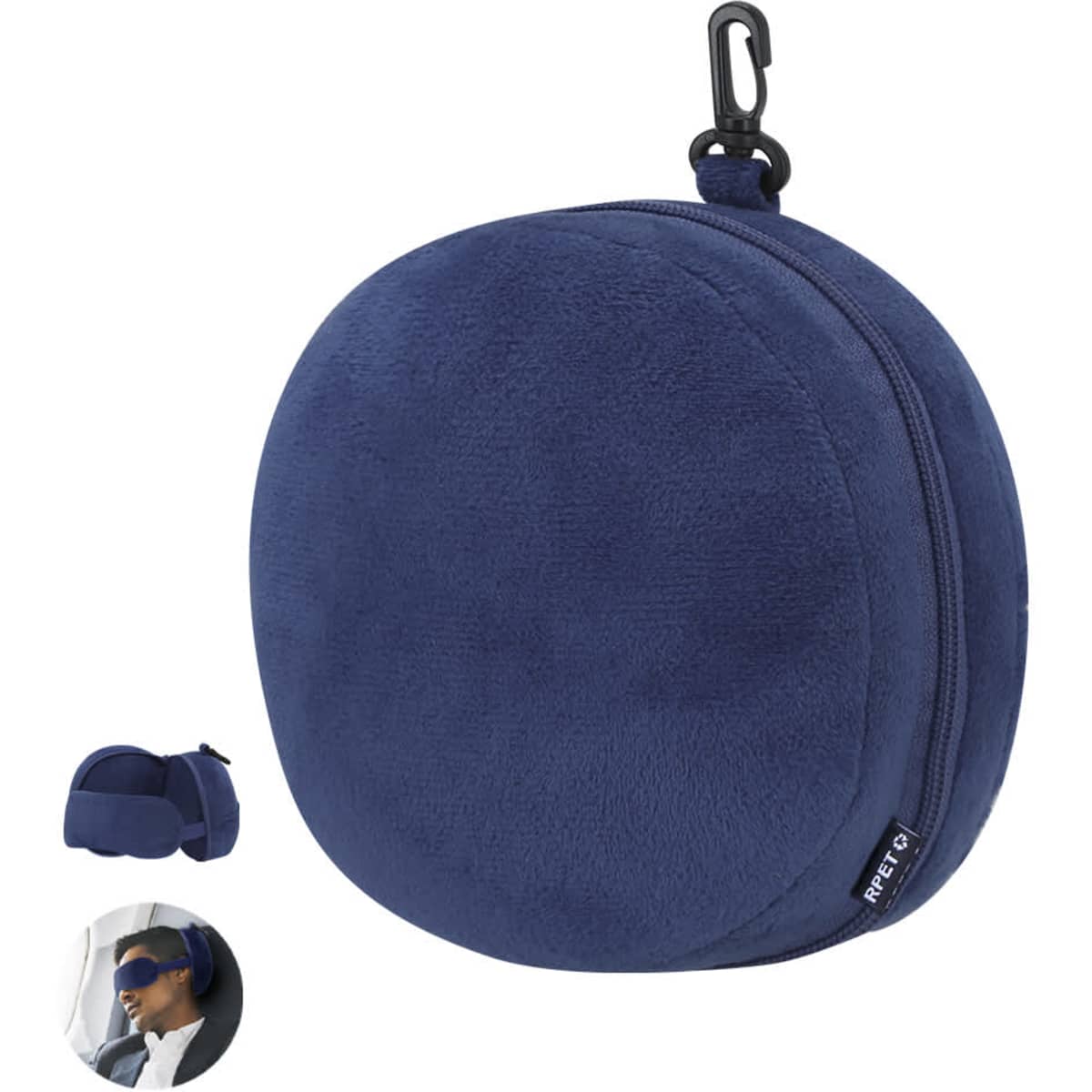 A navy blue travel pouch with a zipper and a hook, containing a sleep mask and earplugs.