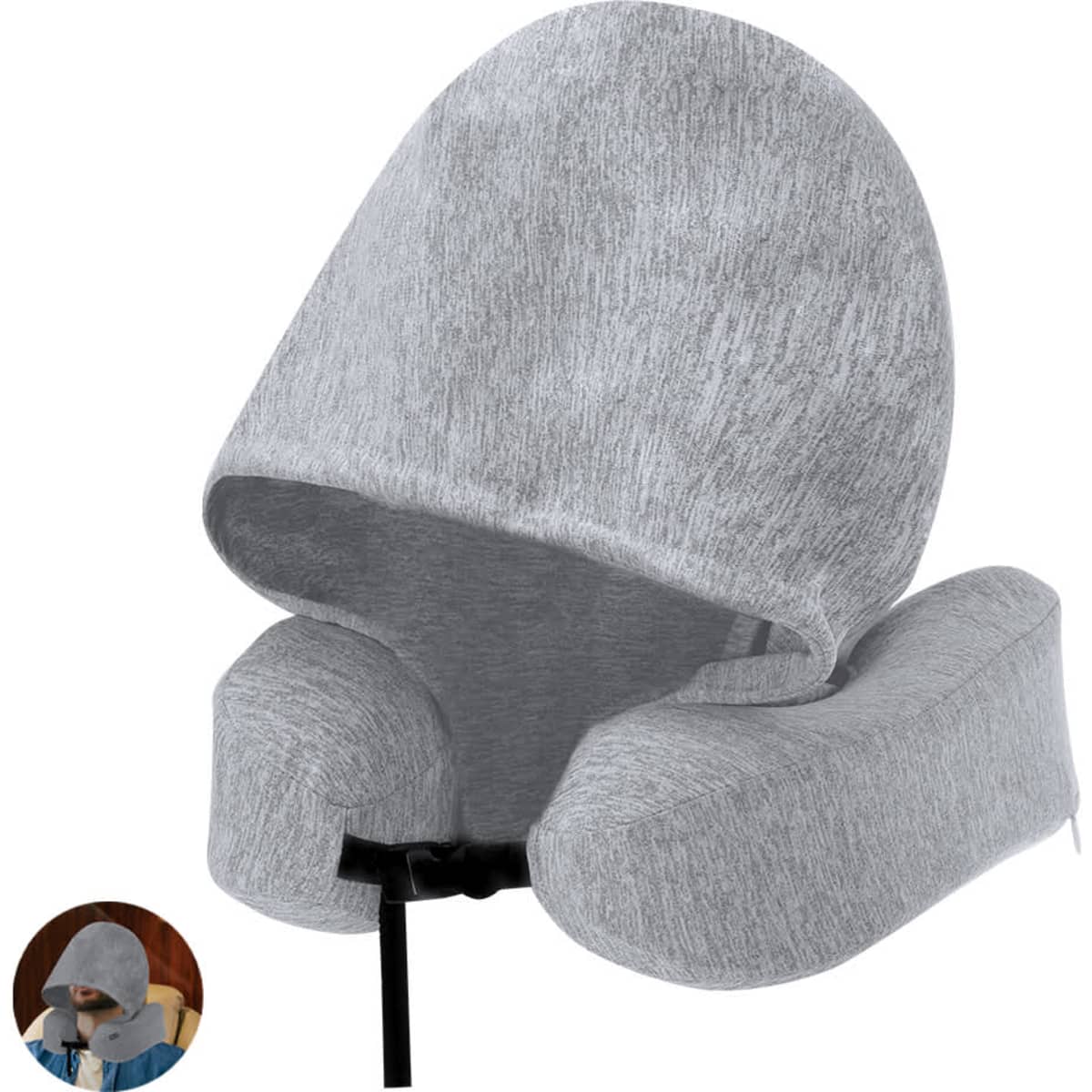 A grey travel neck pillow with a hood, featuring a soft, textured fabric and a drawstring closure.