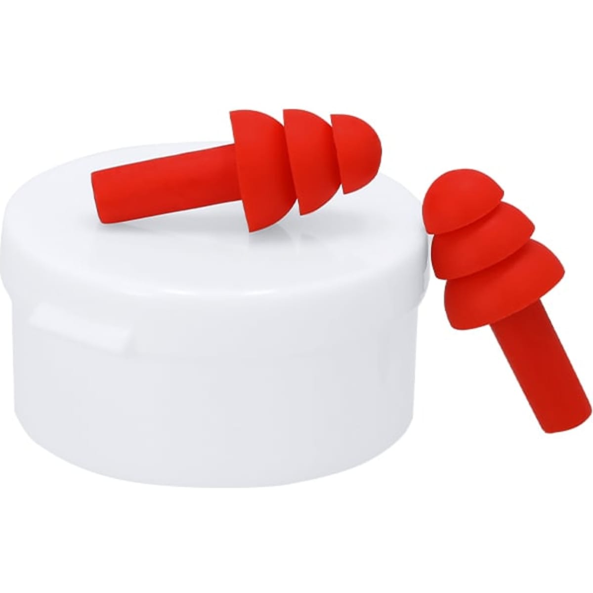 A pair of red silicone earplugs rests beside a white storage container. The earplugs have a contoured design.