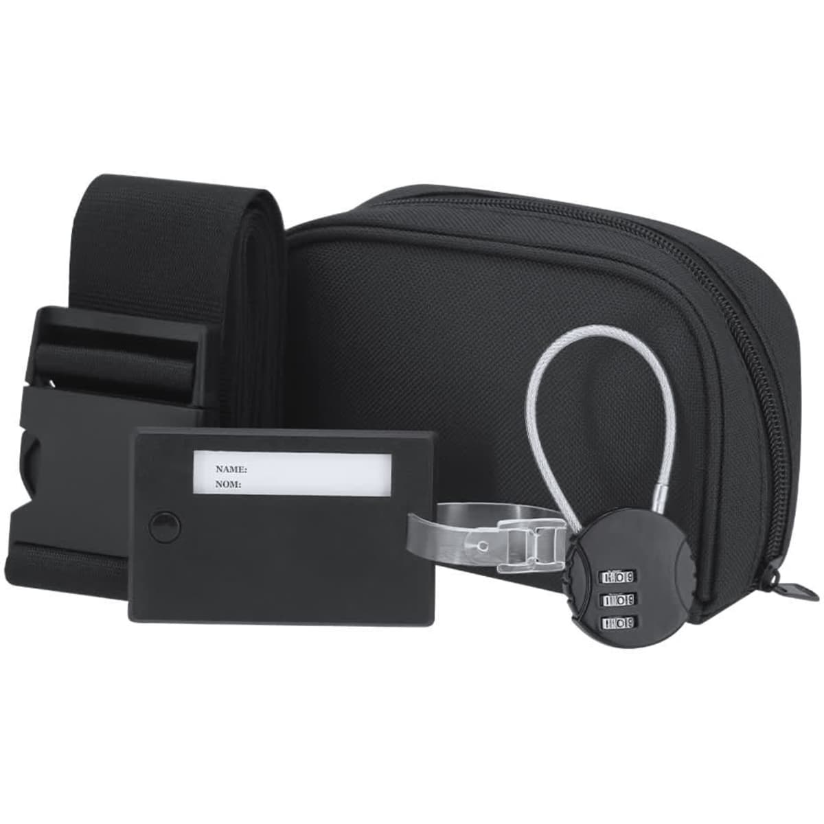 A black luggage tag set including a zippered pouch, adjustable strap, and combination lock. It features a logo on the tag.
