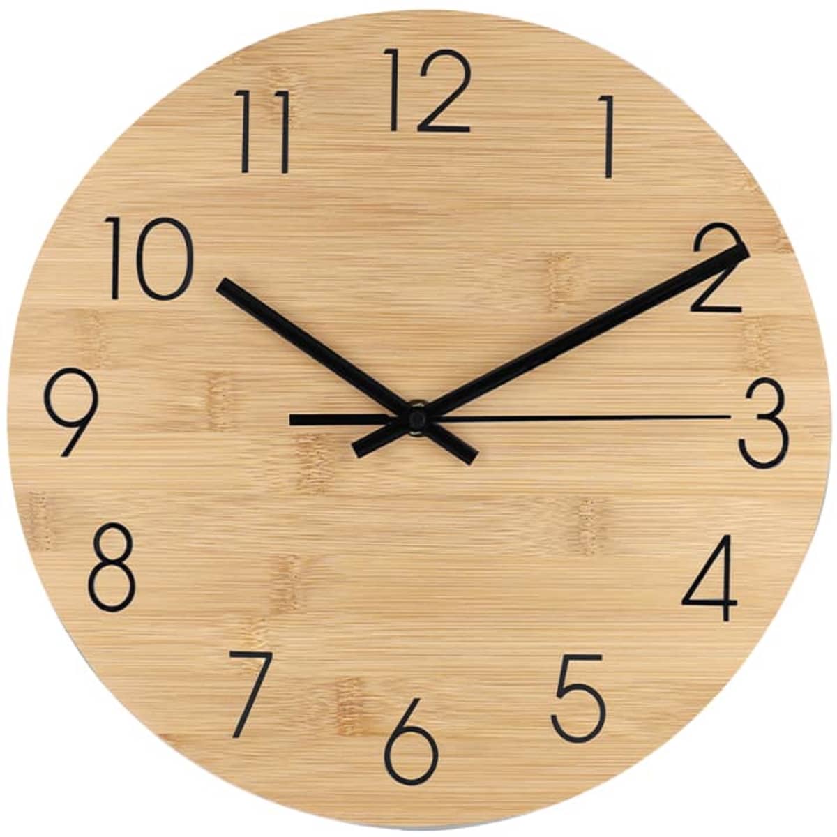 A round bamboo clock featuring black hour markers and hands. Simple and minimalistic design suitable for home decor.