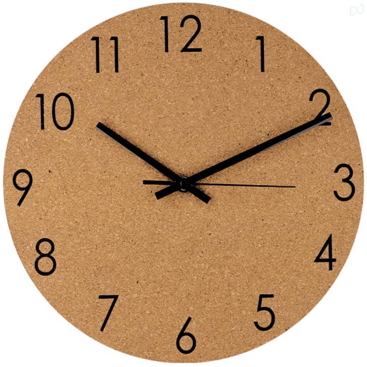A round cork clock with black hour markers and hands, featuring a minimalist design.