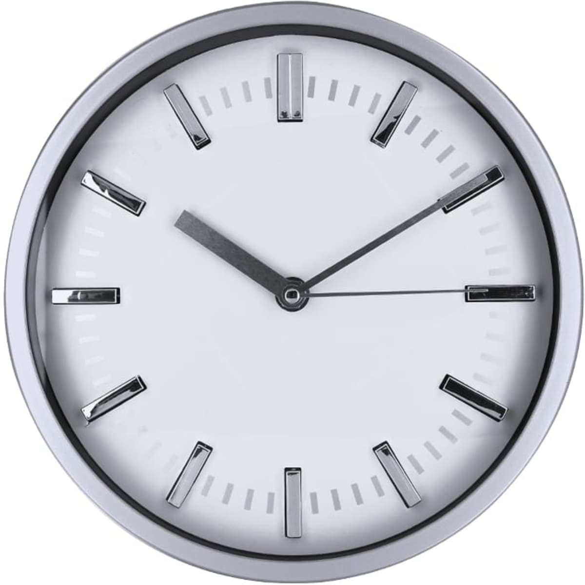 A wall clock with a white face and silver accents, featuring sleek hour and minute hands.