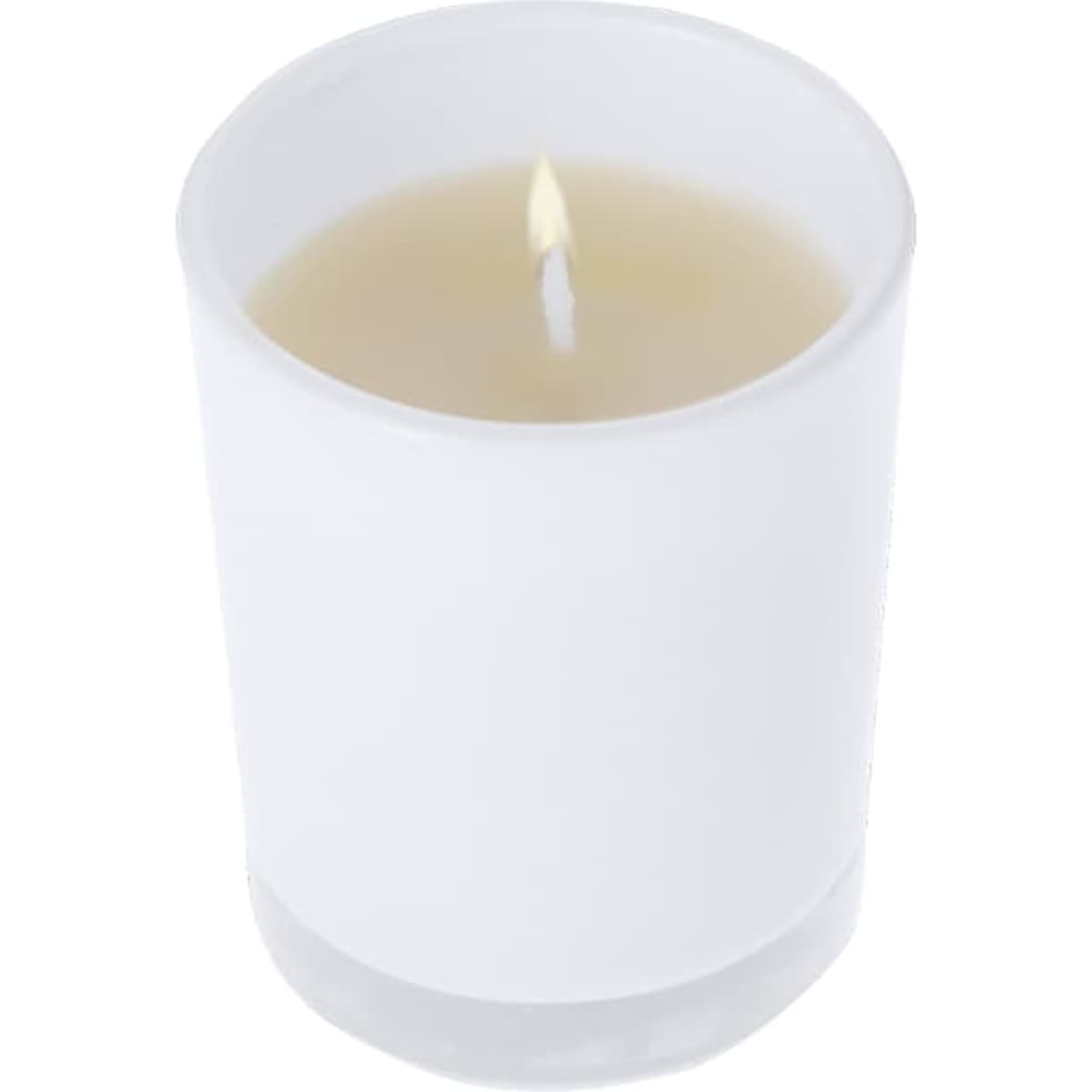 A white candle in a frosted glass container, featuring a single flame atop the wax.