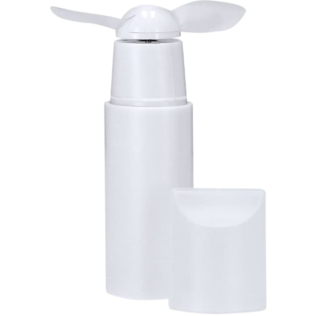 A white portable fan with a protective cover, suitable for personal use. It features a small blade at the top.