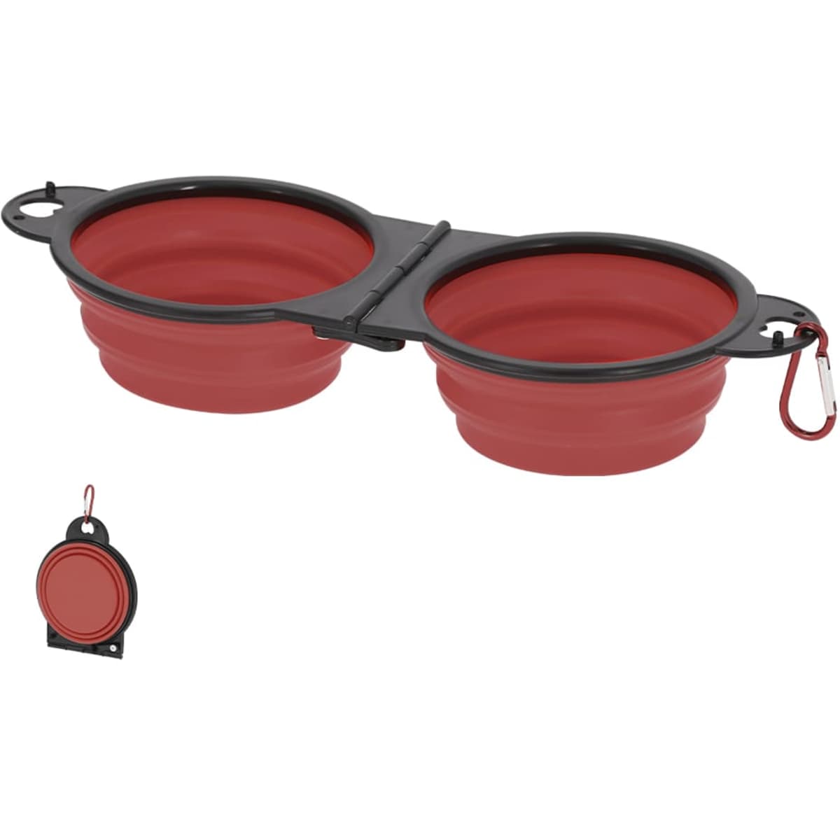 A red and black collapsible pet bowl set with two compartments and a carabiner for easy attachment.