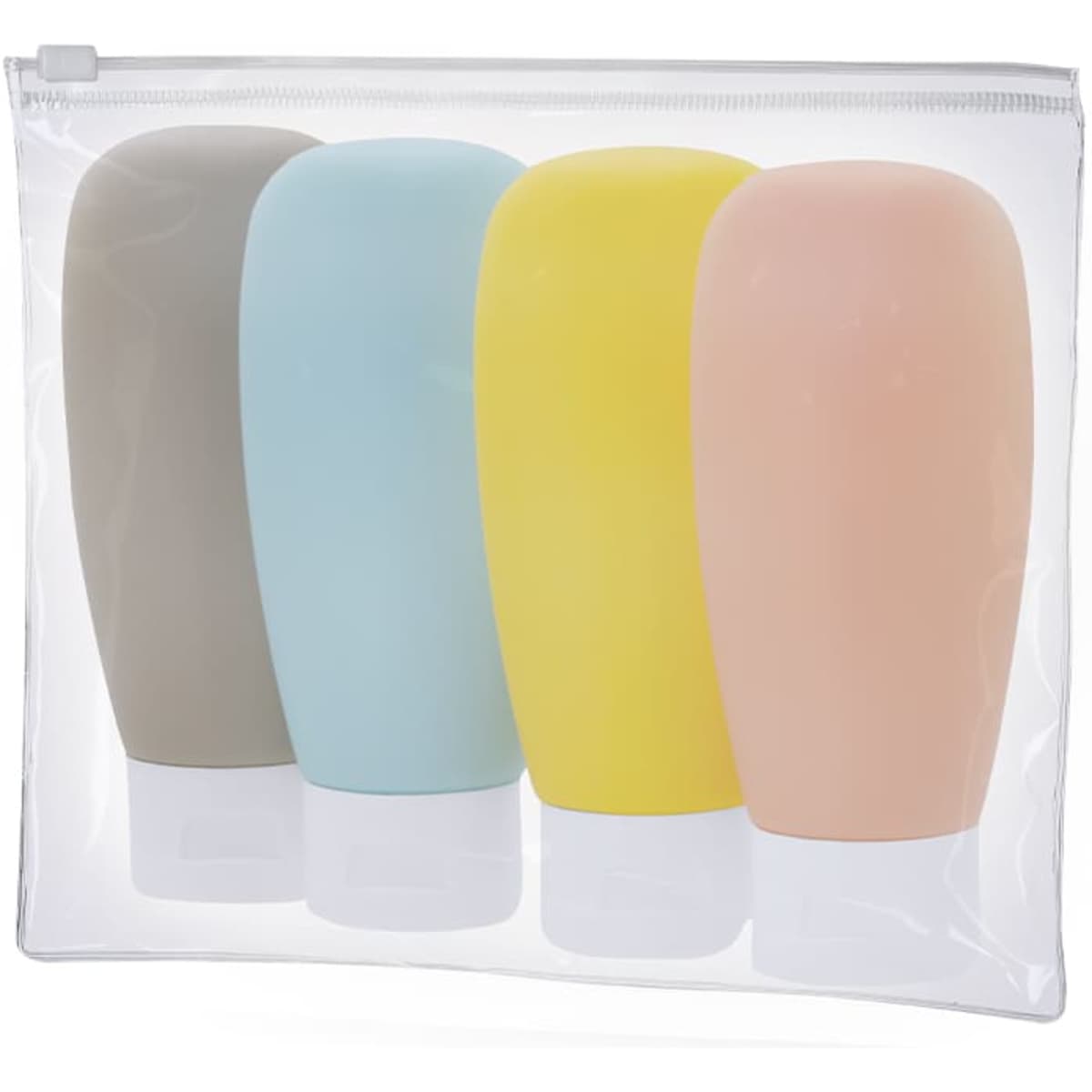 A clear bag containing four travel-sized containers in grey, blue, yellow, and peach. The bag has a zip closure.