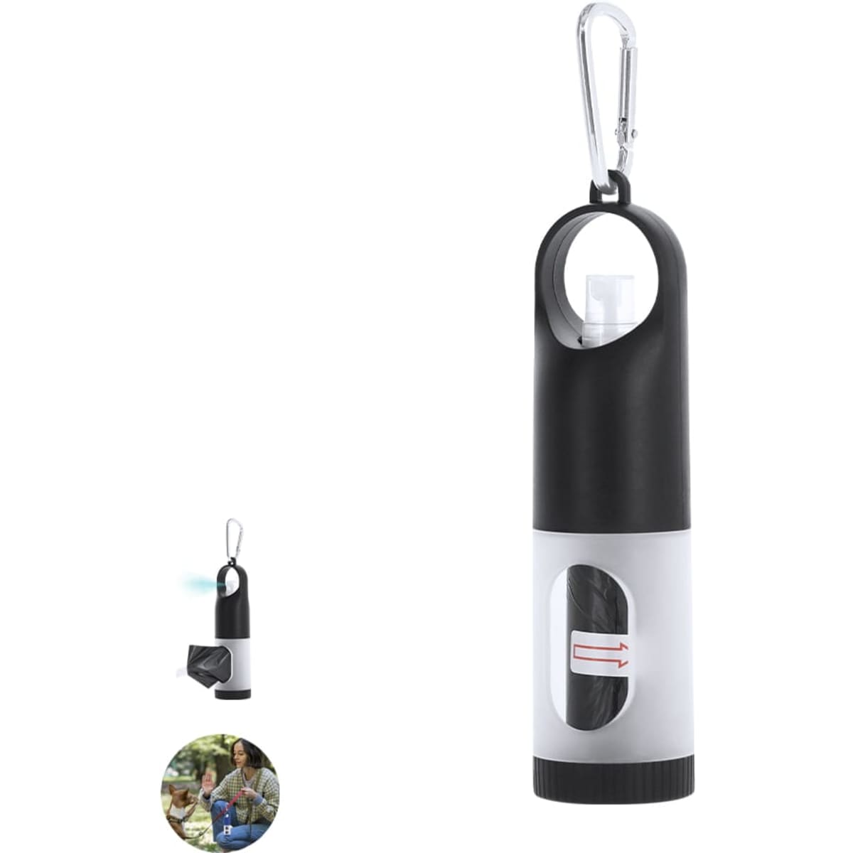 A black and white Kesler Bag with a carabiner clip, designed for pet accessories, featuring a transparent compartment.