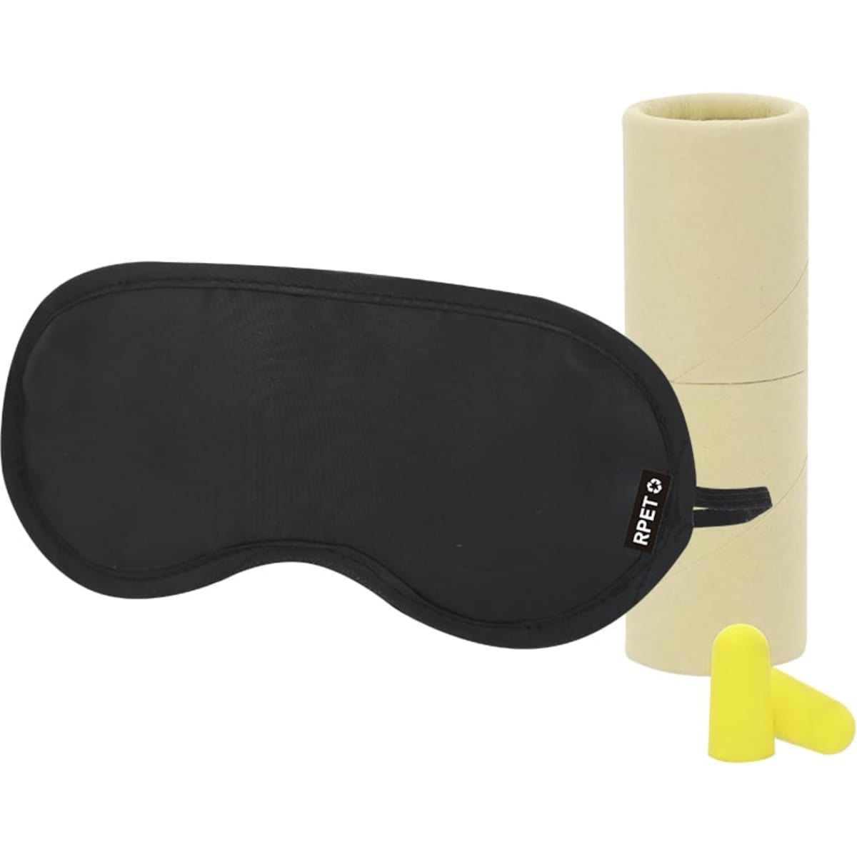 A black sleep mask, yellow earplugs, and a cardboard tube, all designed for personal health and well-being.