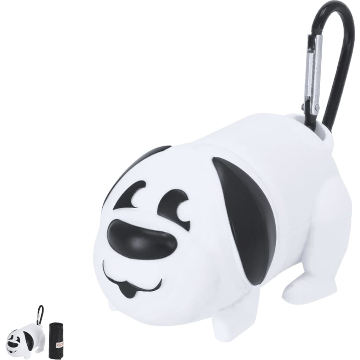 A white and black dog-shaped bag holder with a carabiner and a roll of waste bags included.