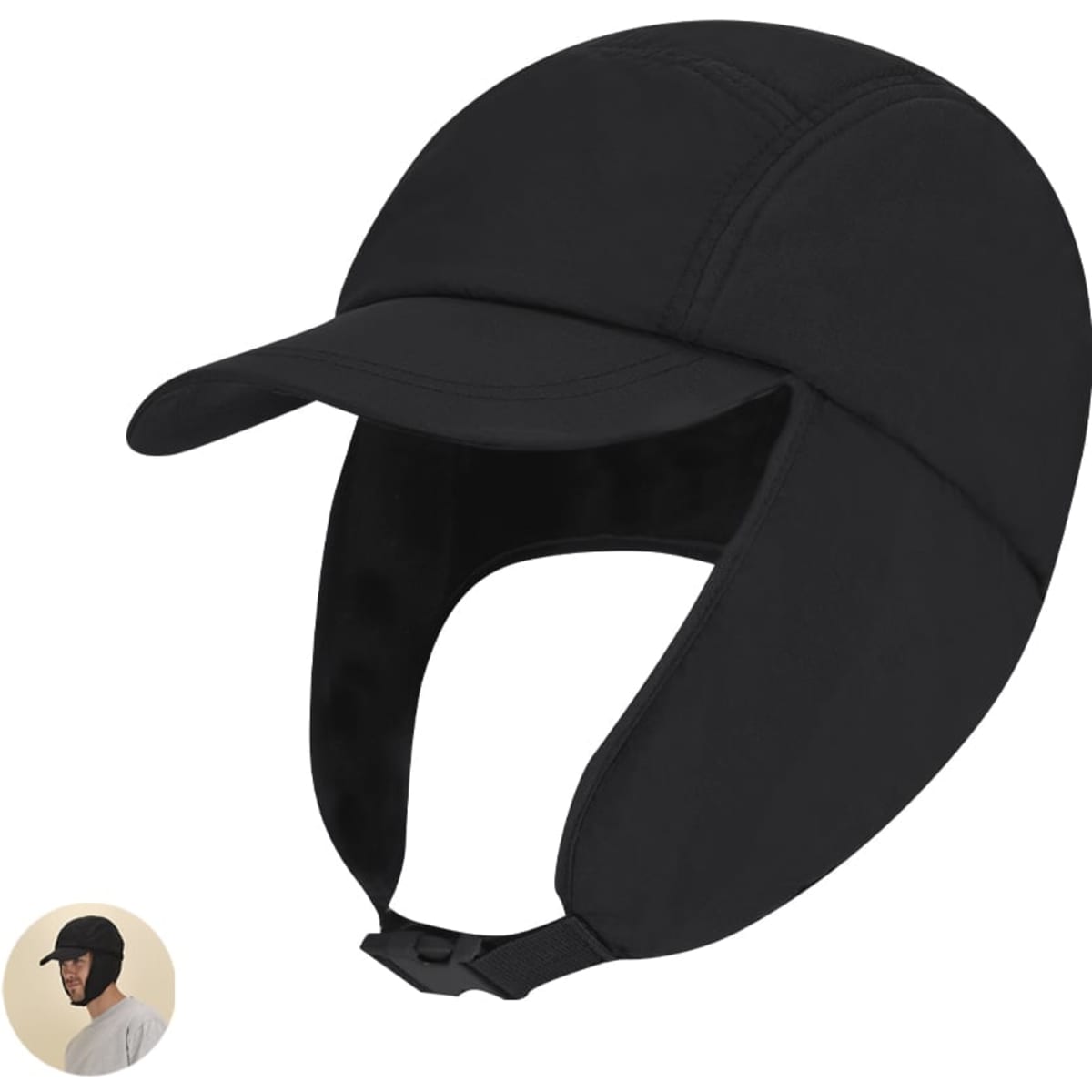 A black cap with ear flaps and a curved brim, featuring a logo on the side.