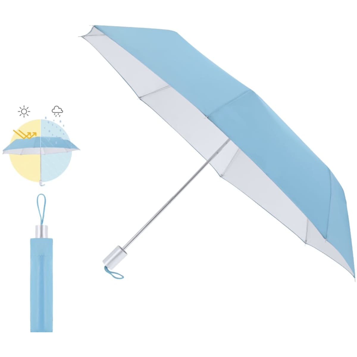 A blue Winsler umbrella with a sleek design and a matching storage sleeve. It features a silver handle and a logo.