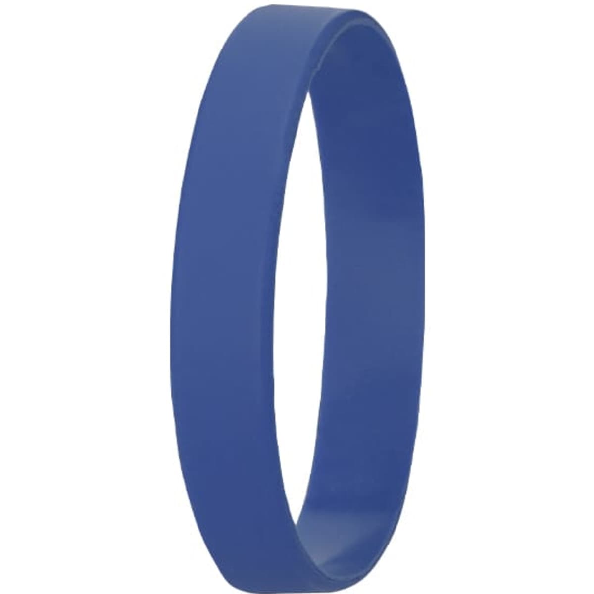 A blue silicon wristband with a smooth finish and a circular design. It features a logo.