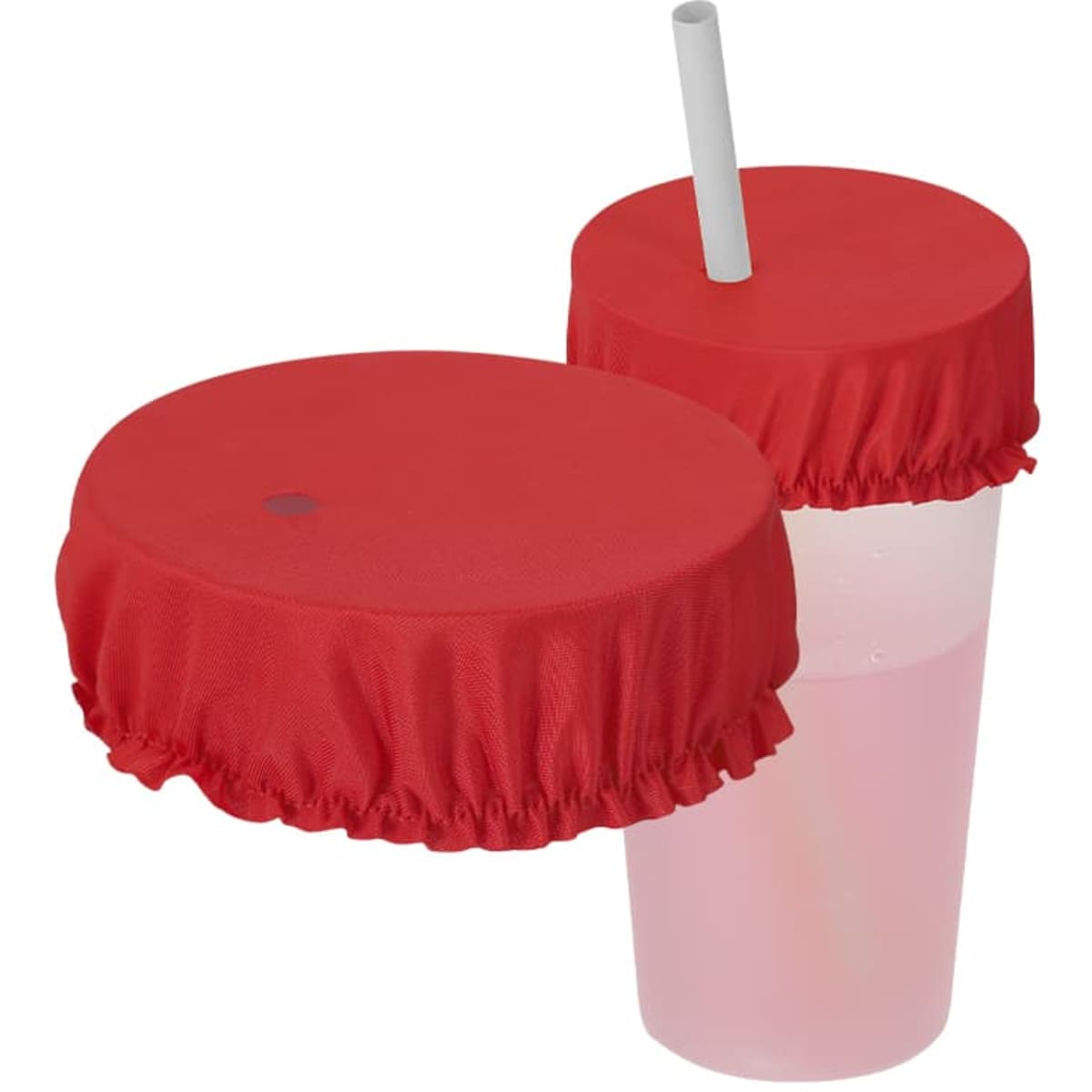A drink bottle with a red cover and a straw, alongside another red-covered drink holder. Both have a ruffled edge.