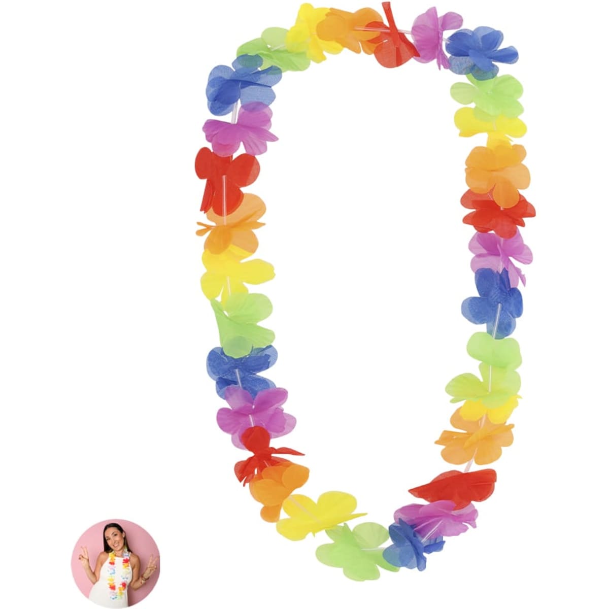 A vibrant, multicoloured floral lei featuring butterflies in shades of pink, purple, yellow, green, and orange.